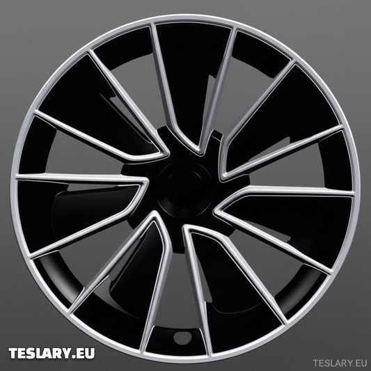 TESLA MODEL Y 19" UNIQUE S15 FULL COVER WHEEL HUBS BLACK & SILVER - TESLARY Tesla Shop Accessories Europe Nederlands Dublin Cork Ireland Deutschland Espana Alicante France Italia
