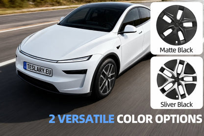 A white electric vehicle on a road with two inset wheel graphics labeled Matte Black and Silver Black, plus text reading 2 VERSATILE COLOR OPTIONS.