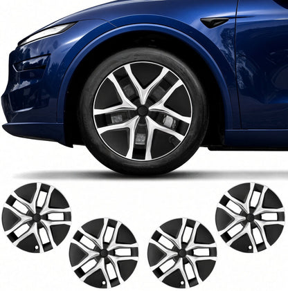 A set of black and silver multi-spoke wheel covers shown both installed on a blue car wheel and as individual cutout views below, on a white background. TESLA_MODEL_JUNIPER_19_WHEEL_PERFORMANCE_PREMIUM_ARACHNID_BUY_FROM_THE_TESLA_ACCESSORIES_SPECIALISTS_WITH_FREE_DELIVERY_ACROSS_EUROPE_TESLARY.EU_TESLARY.PT_TESLARY.ES