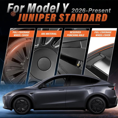 Promotional graphic for a wheel cover product for Model Y / 2026-present Juniper Standard, showing a dark gray sedan and four close-up inset panels highlighting full coverage wheel covers, ABS material, and a reserved punching hole. TESLA_MODEL_Y_18_INCH_RWD_STANDARD_WHEEL_COVERS_2026_BUY_FROM_IRELAND_AND_EUROPES_TESLARY.EU_WITH_FREE_DELIVERY_ACROSS_EUROPE_WITH_FEDEX_TESLARY.EU_TESLARY.IE_TESLARY.FI_TESLARY.PT_TESLARY.IT