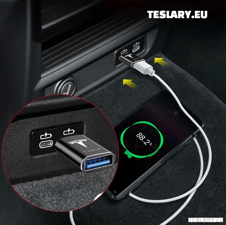 Tesla USB TYPE C to USB Adapter for Model 3 Y S X LOGO - TESLARY Tesla Shop Accessories Europe Nederlands Dublin Cork Ireland Deutschland Espana Alicante France Italia