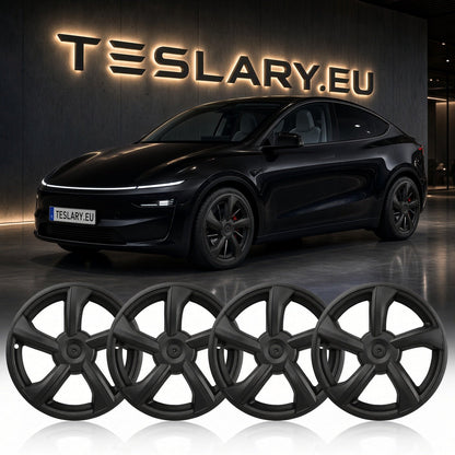Four matte black multi-spoke wheel covers displayed in a row, with a black Tesla Model Y in the background in front of a Tesla wall sign. tesla-model-y-juniper-19-durable-abs-full-wheel-cover-gloss-black-teslary-dublin-ireland-cork-nederlands-deutschland-espana-alicante-madrid-tesla-accessories-sh-8898662