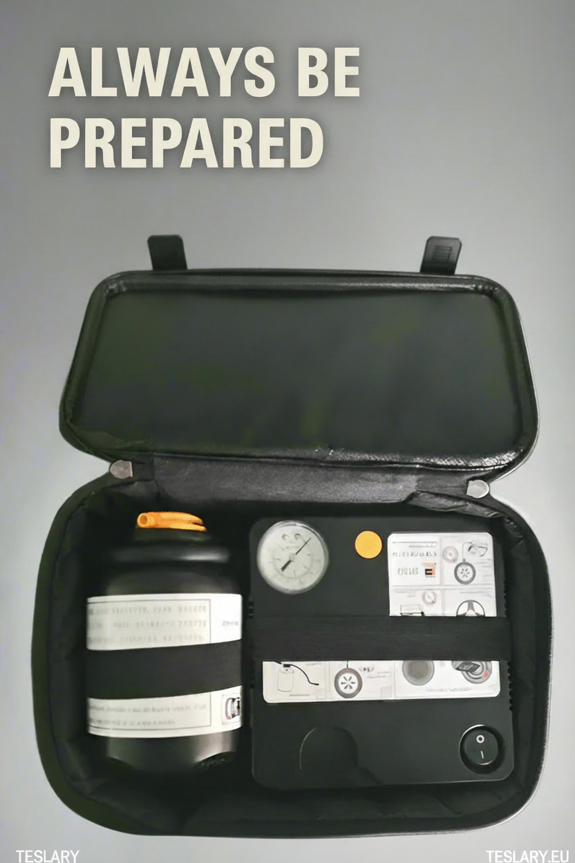 Tyre Puncture Repair Kit with Compressor and Storage Bag - TESLARY Tesla Shop Accessories Europe Nederlands Dublin Cork Ireland Deutschland Espana Alicante France Italia