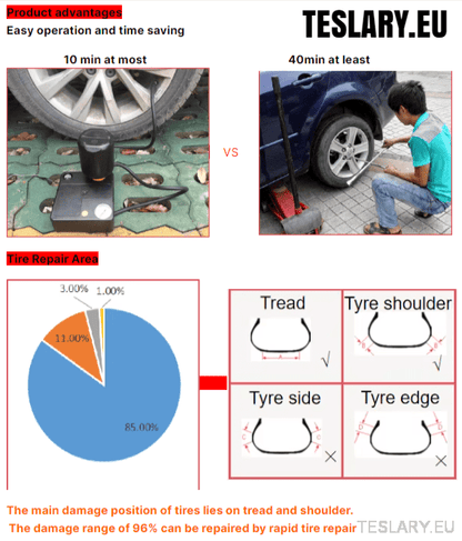 Tyre Puncture Repair Kit with Compressor and Storage Bag - TESLARY Tesla Shop Accessories Europe Nederlands Dublin Cork Ireland Deutschland Espana Alicante France Italia