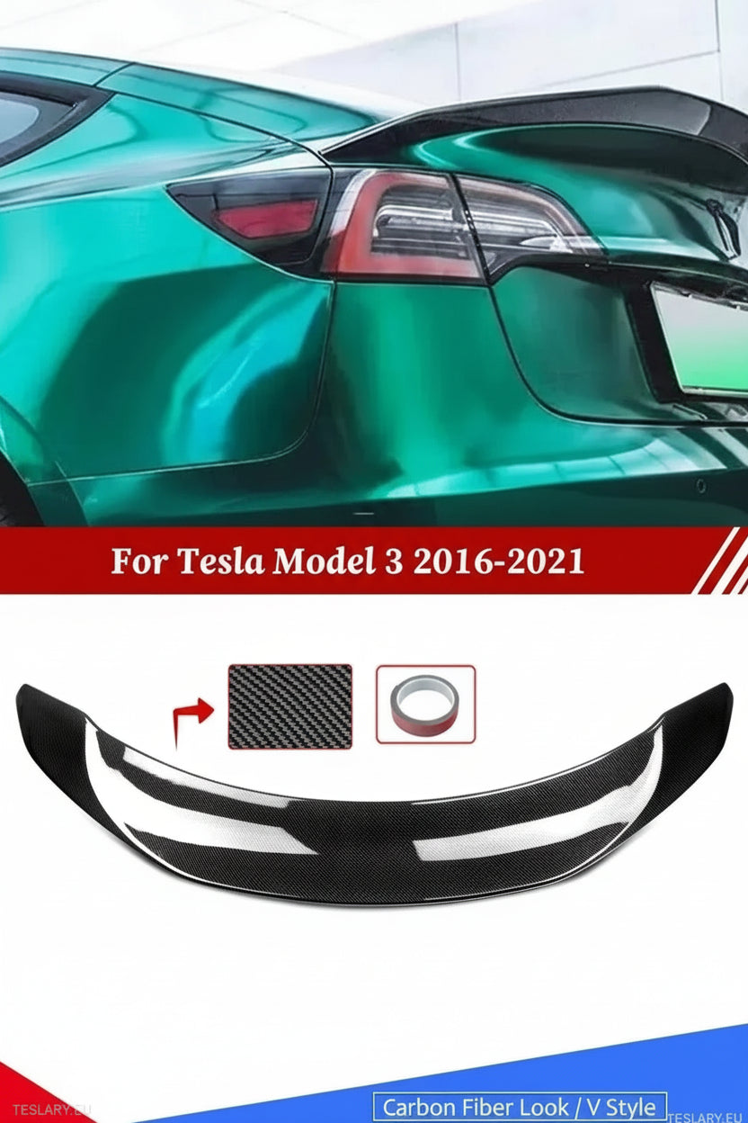 V Type Highkick Sport Spoiler Wing Tesla Model 3 2019 - 2023 - Carbon Fibre Style - Tesla Shop Europe - TESLARY.IE Ireland - France boutique- Deutschland Geschäft- España comercio - Nederland winkel- TESLARY.IE