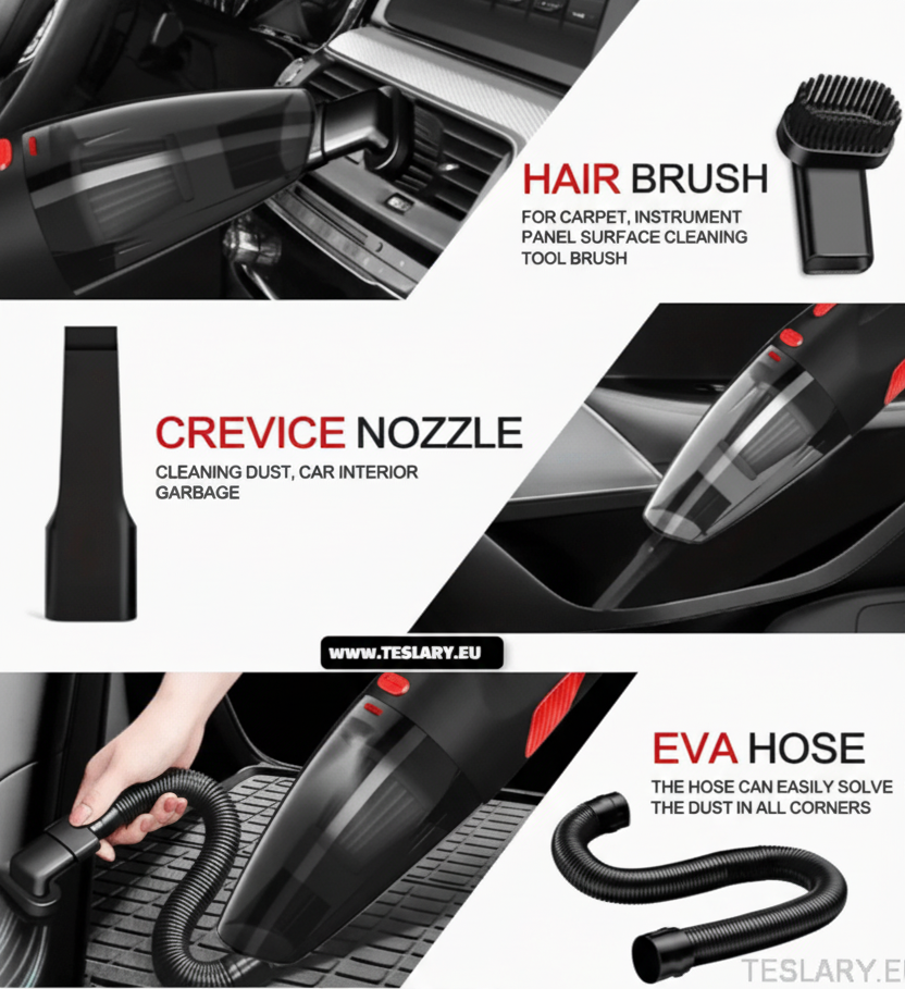 Vacuum Wired High Power Suction with Attachments Handheld Light Weight Black - TESLARY Tesla Shop Accessories Europe Nederlands Dublin Cork Ireland Deutschland Espana Alicante France Italia