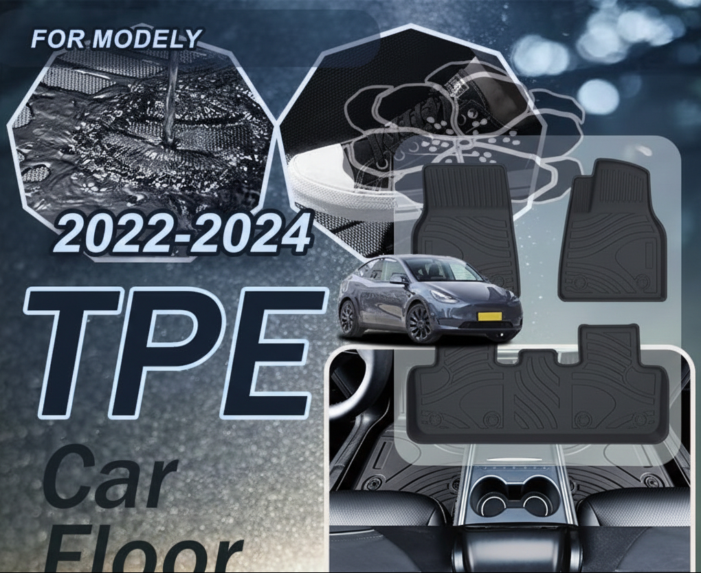 A collage-style product listing graphic for TPE car floor mats, showing several black rubber floor mat cutouts, a gray car, and large text reading 'FOR MODELY 2021-2022 TPE Car Floor Mats'.