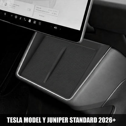 Car dashboard with a tablet stand and screen displaying a user interface.